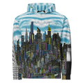  Front of Blue and multi color Loria NYC Art Hoodie with cityscape design 