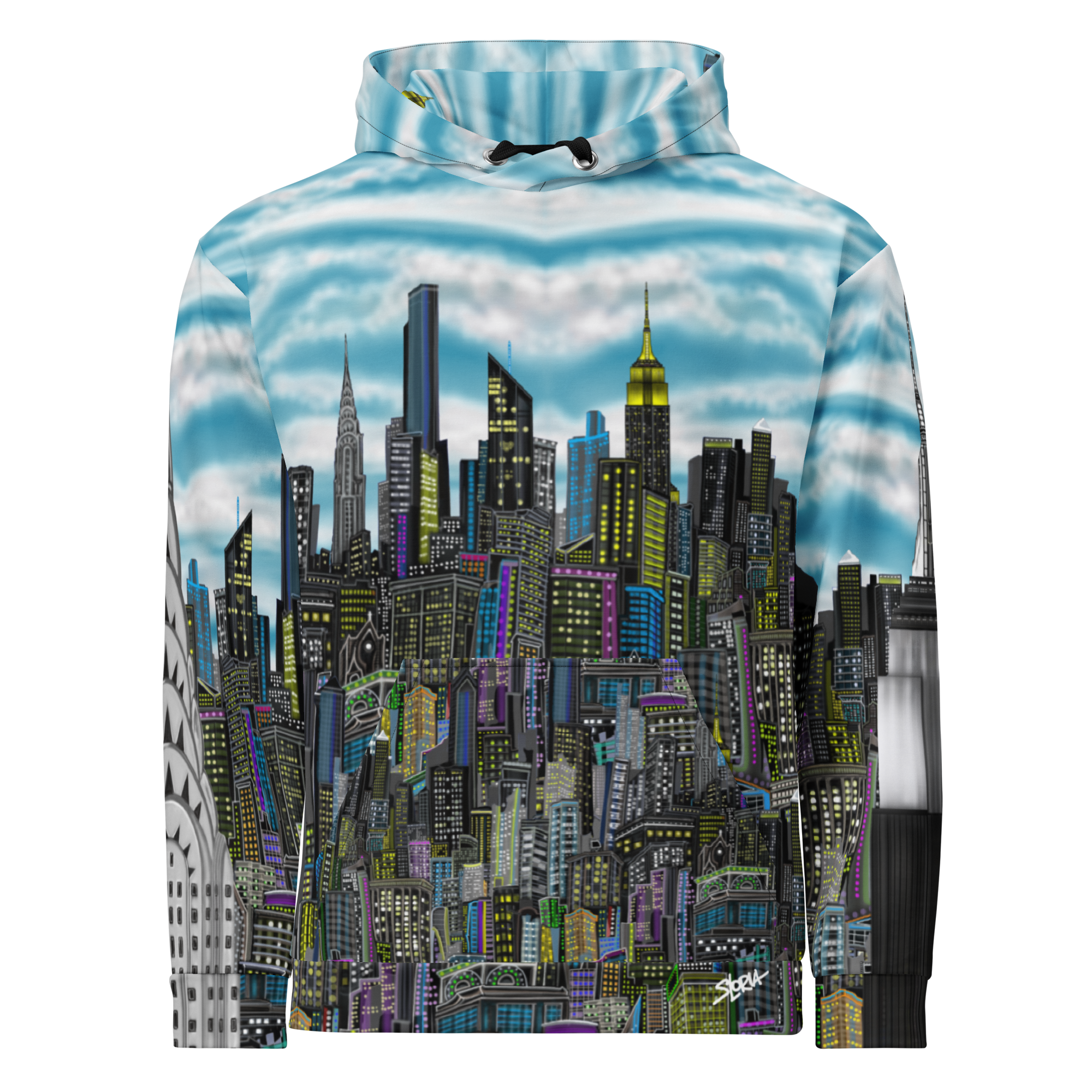  Front of Blue and multi color Loria NYC Art Hoodie with cityscape design 