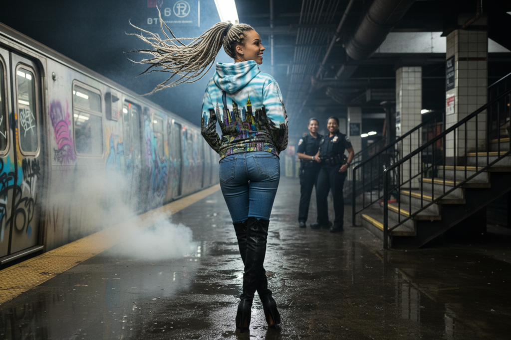 Woman wearing blue graphic Loria NYC Art hoodie on a subway platform with graffiti on the walls