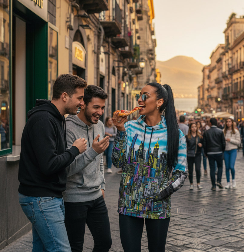 Girl enjoying pizza wearing a blue Loria NYC Art hoodie on a street in an urban setting with buildings and mountains in the background.