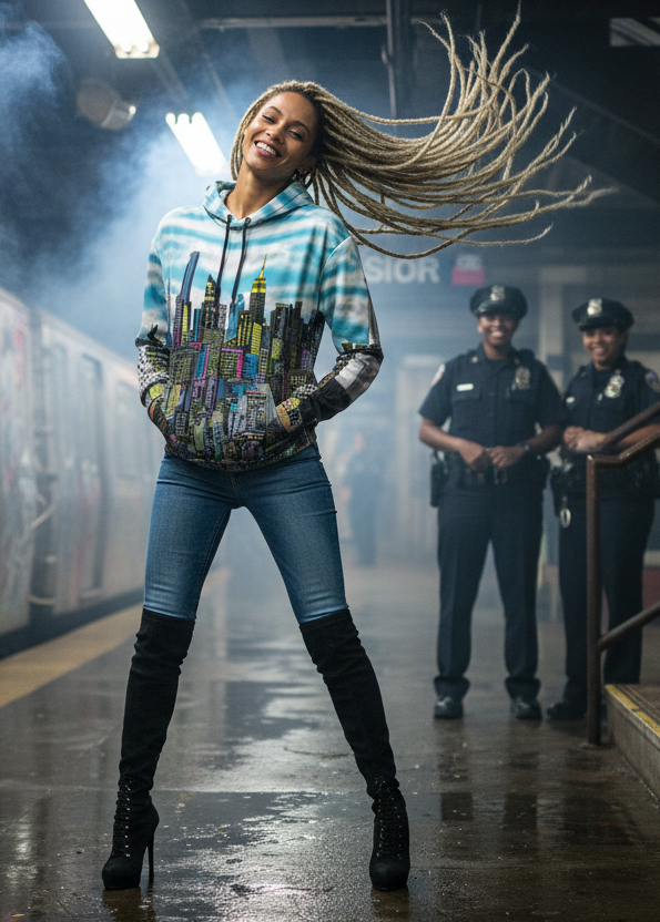 Person in a colorful hoodie with cityscape Loria NYC Art design in a subway setting, with two police officers in the background.