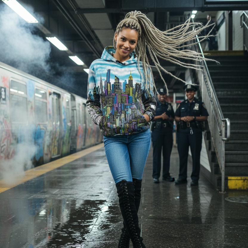 Woman in a colorful Loria NYC Art hoodie and jeans standing on a subway platform with graffiti on the wall.
