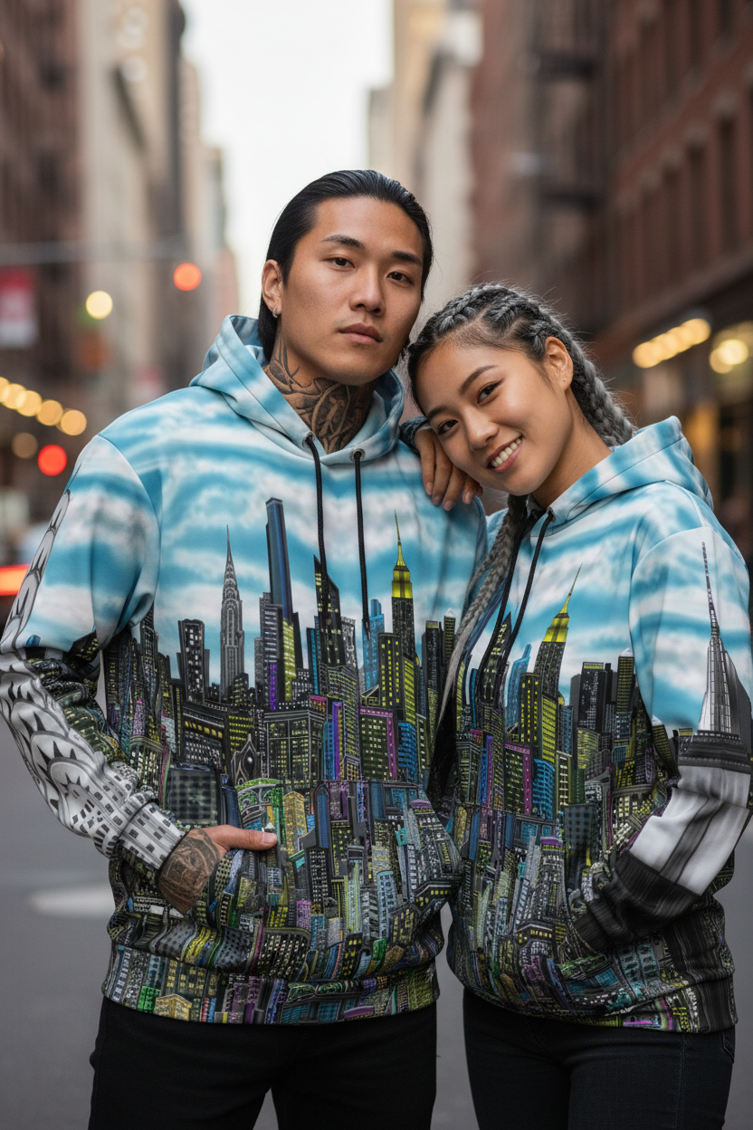 Two people wearing hoodies with a cityscape Loria NYC Art design on a city street.