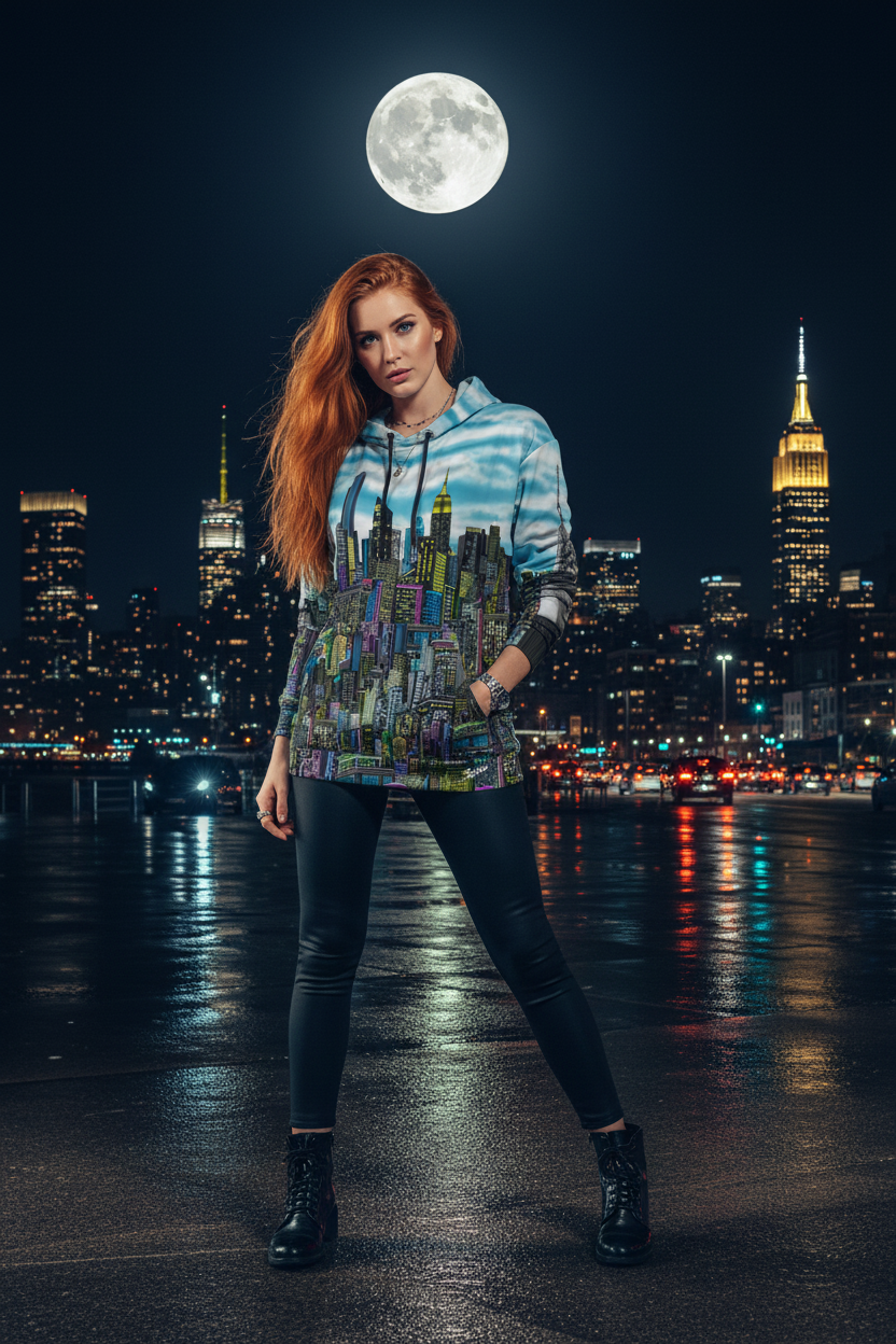 Person wearing a colorful hoodie with a cityscape Loria NYC Art design, standing in front of a city skyline at night.