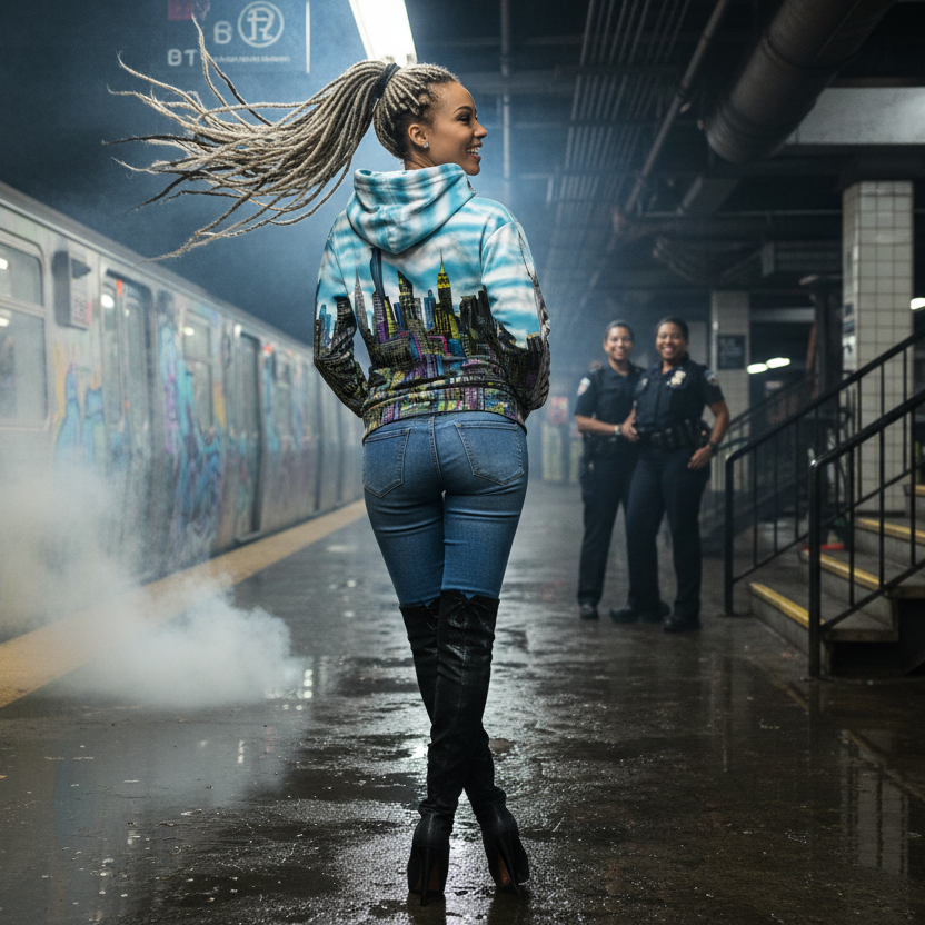 Woman in a colorful Loria NYC Art hoodie and jeans standing on a train platform with police officers in the background.