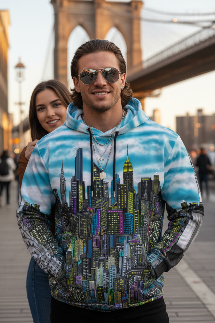 Person wearing a hoodie with a Loria NYC Art cityscape design in front of a bridge