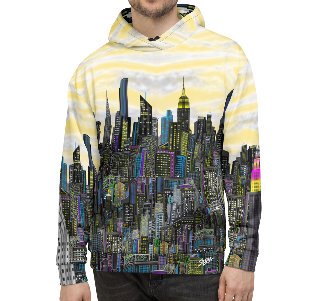 Person wearing a hoodie with a Loria NYC Art cityscape design on a white background