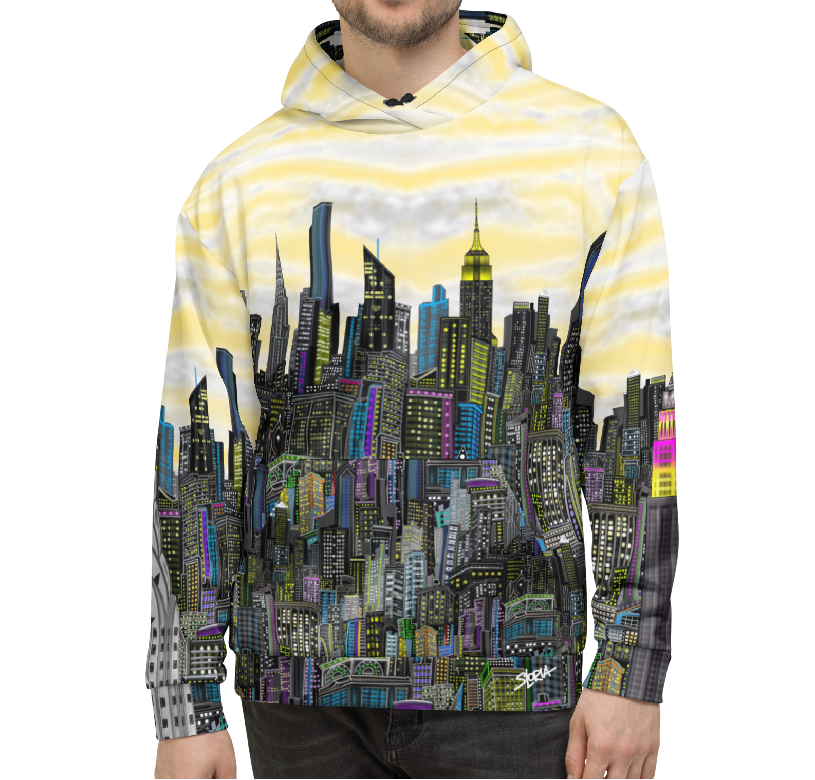 Person wearing a hoodie with a Loria NYC Art cityscape design on a white background