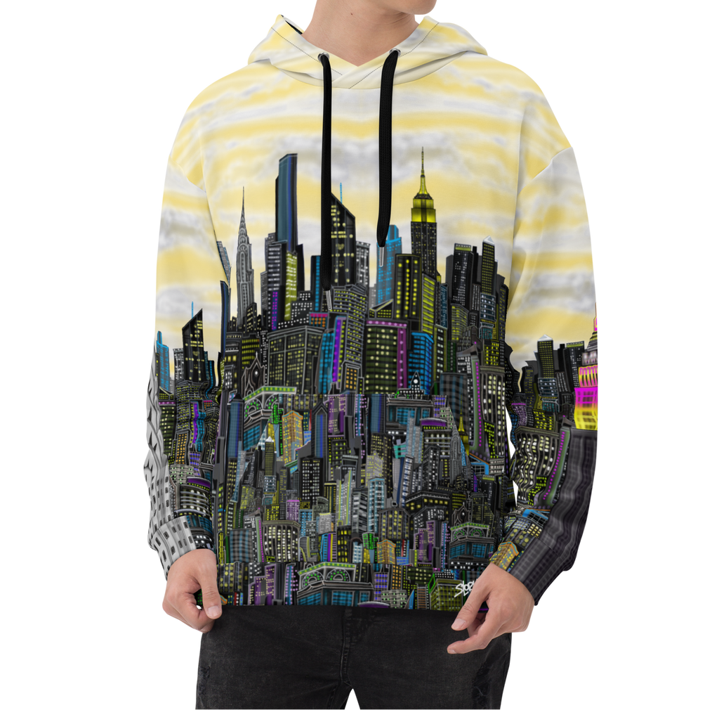 Person wearing a hoodie with a Loria NYC Art cityscape Loria NYC Art design on a white background