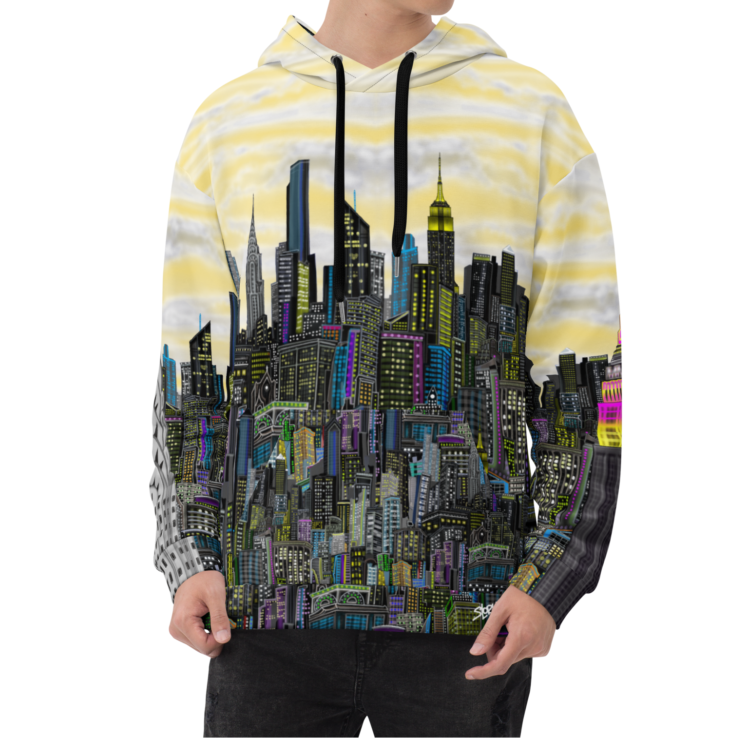Person wearing a hoodie with a Loria NYC Art cityscape Loria NYC Art design on a white background