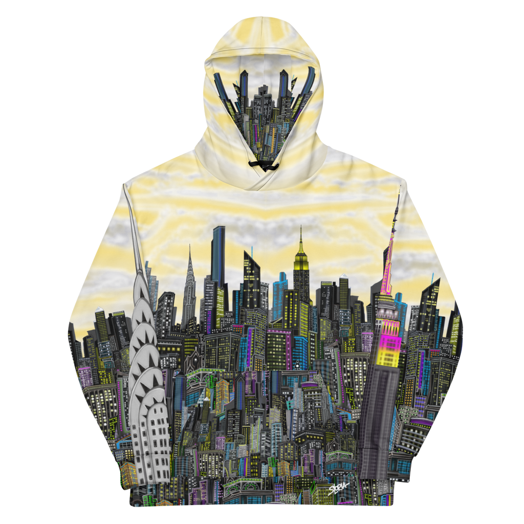 Colorful Loria NYC Art Hoodie with a cityscape design on a white background