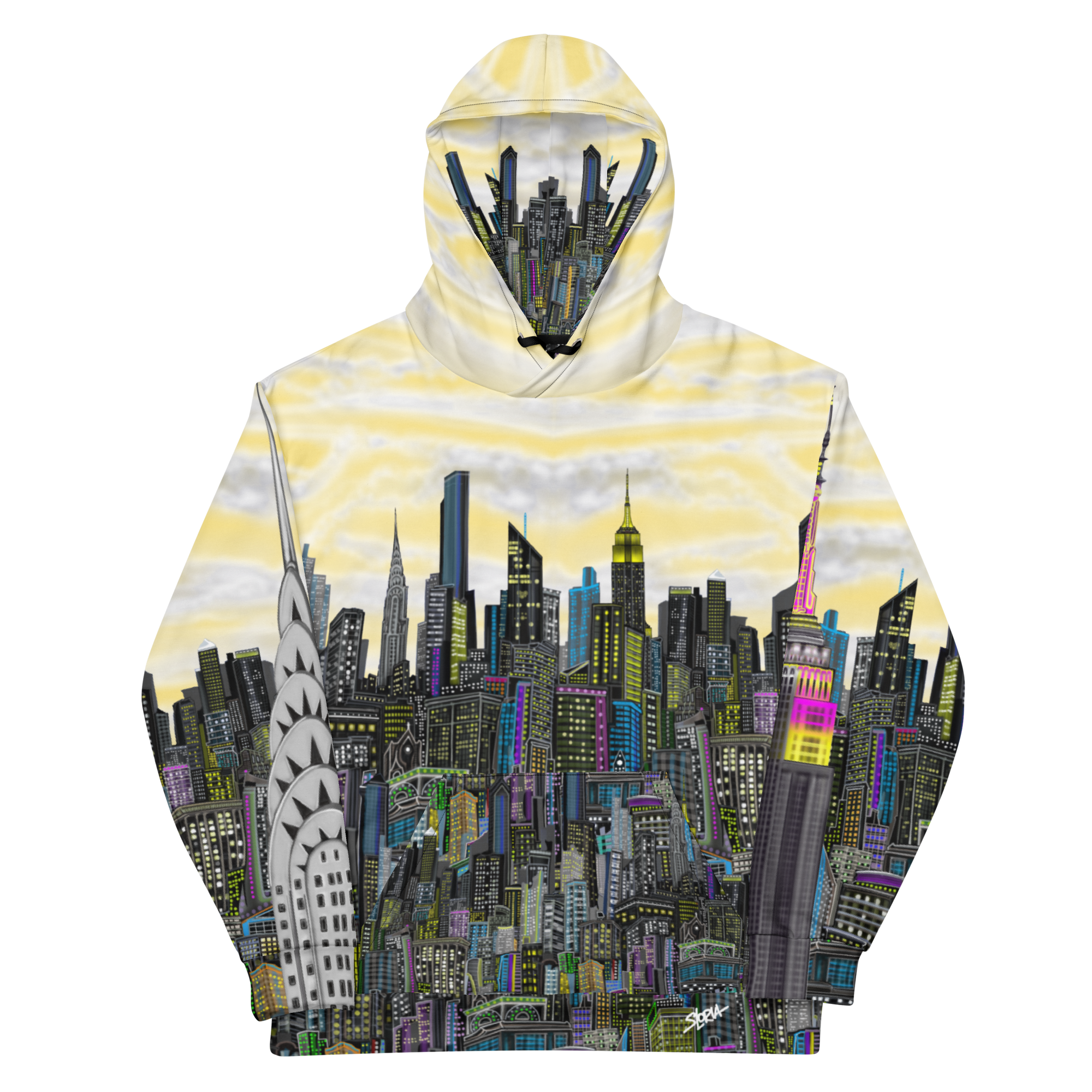 Colorful Loria NYC Art Hoodie with a cityscape design on a white background