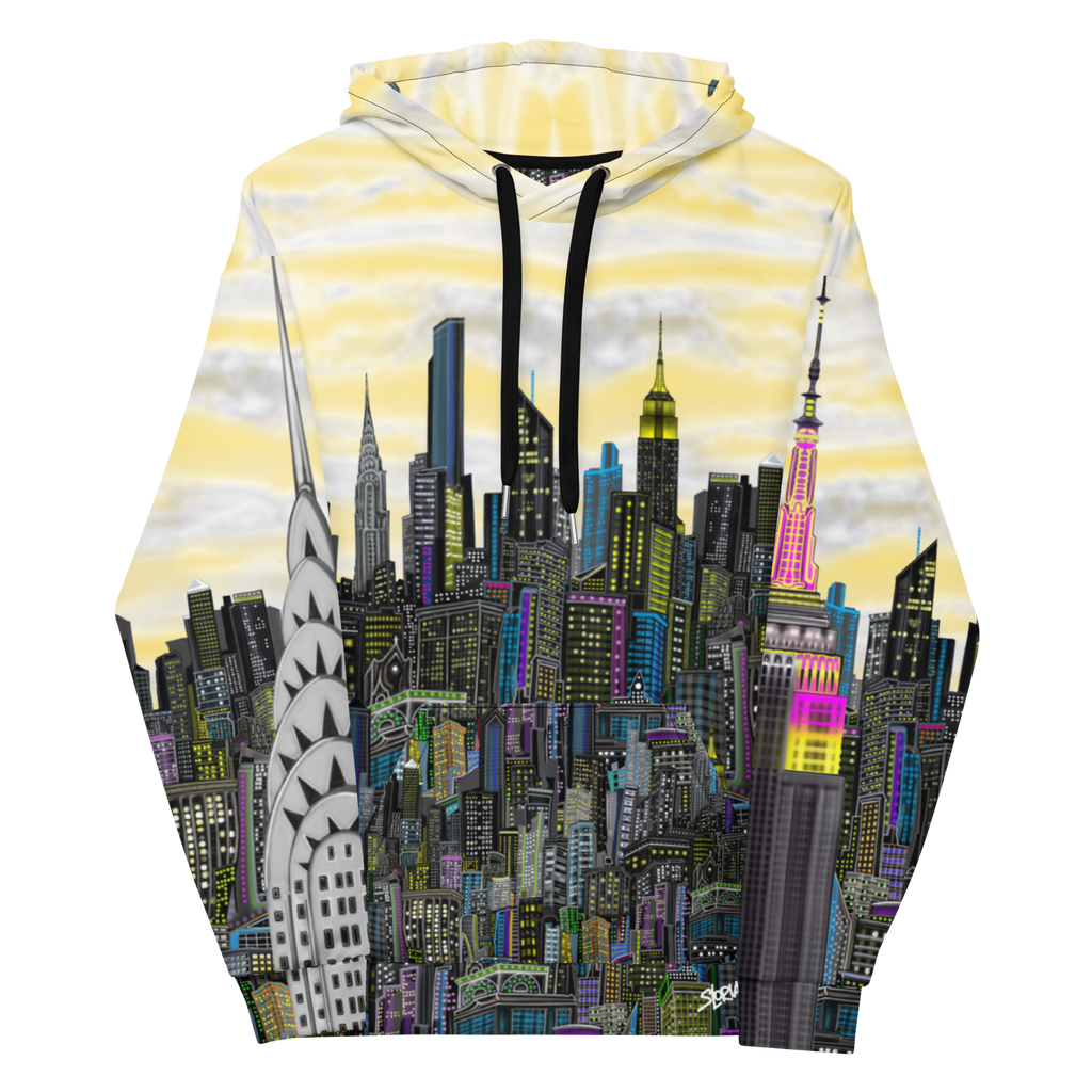 Hoodie with a cityscape Loria NYC Art design featuring iconic buildings on a white background