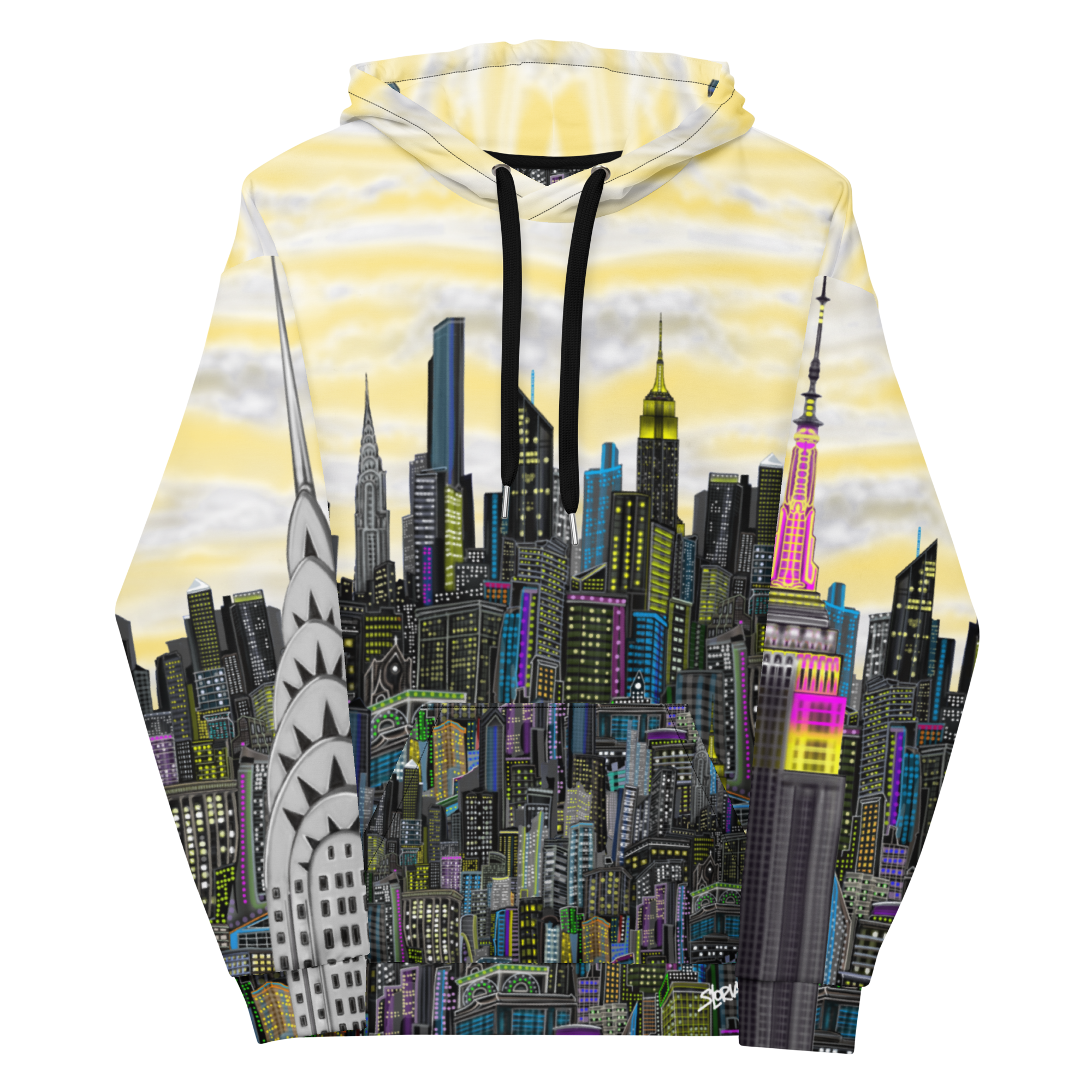 Hoodie with a cityscape Loria NYC Art design featuring iconic buildings on a white background