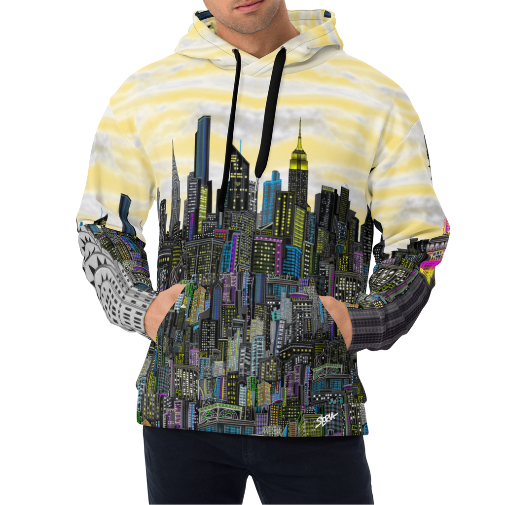 Man wearing a hoodie with a cityscape Loria NYC Art design on a white background