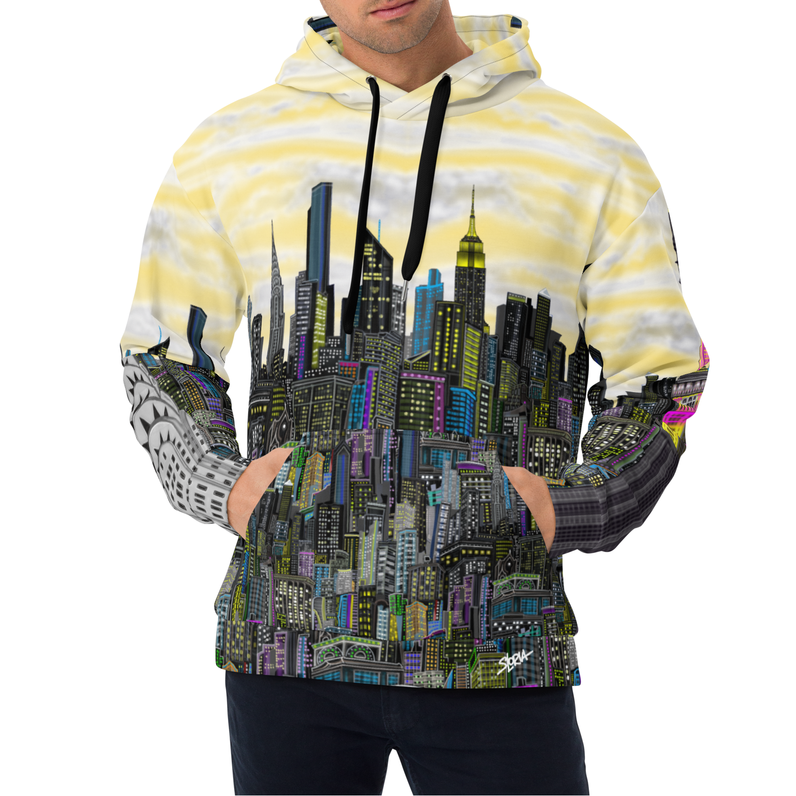 Man wearing a hoodie with a cityscape Loria NYC Art design on a white background