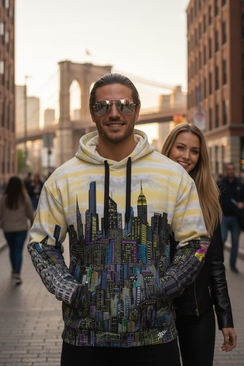 Person wearing a hoodie with a cityscape Loria NYC Art design in an urban setting