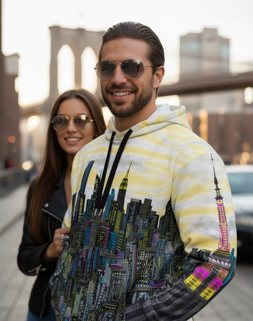 Person wearing a colorful yellow hoodie with cityscape Loria NYC Art design 