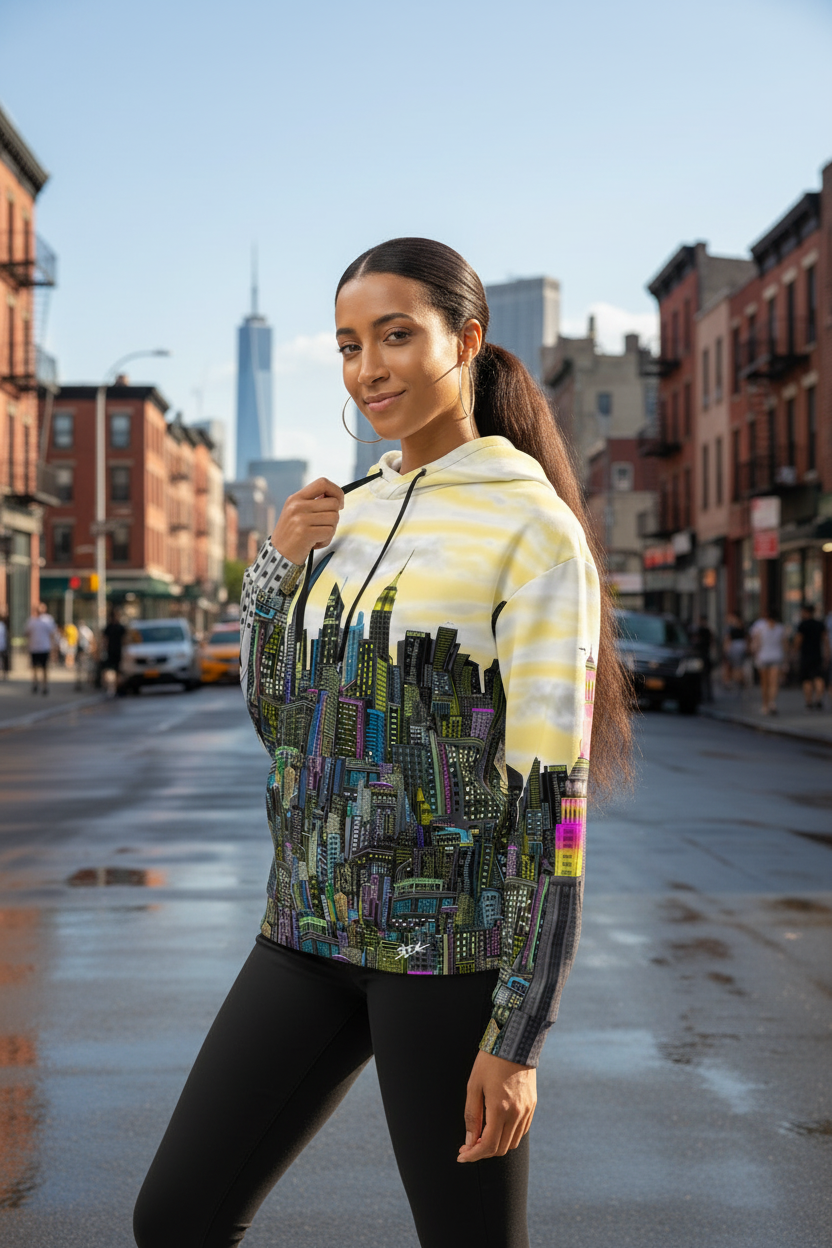 Woman wearing a hoodie with a cityscape Loria NYC Art design on a urban background