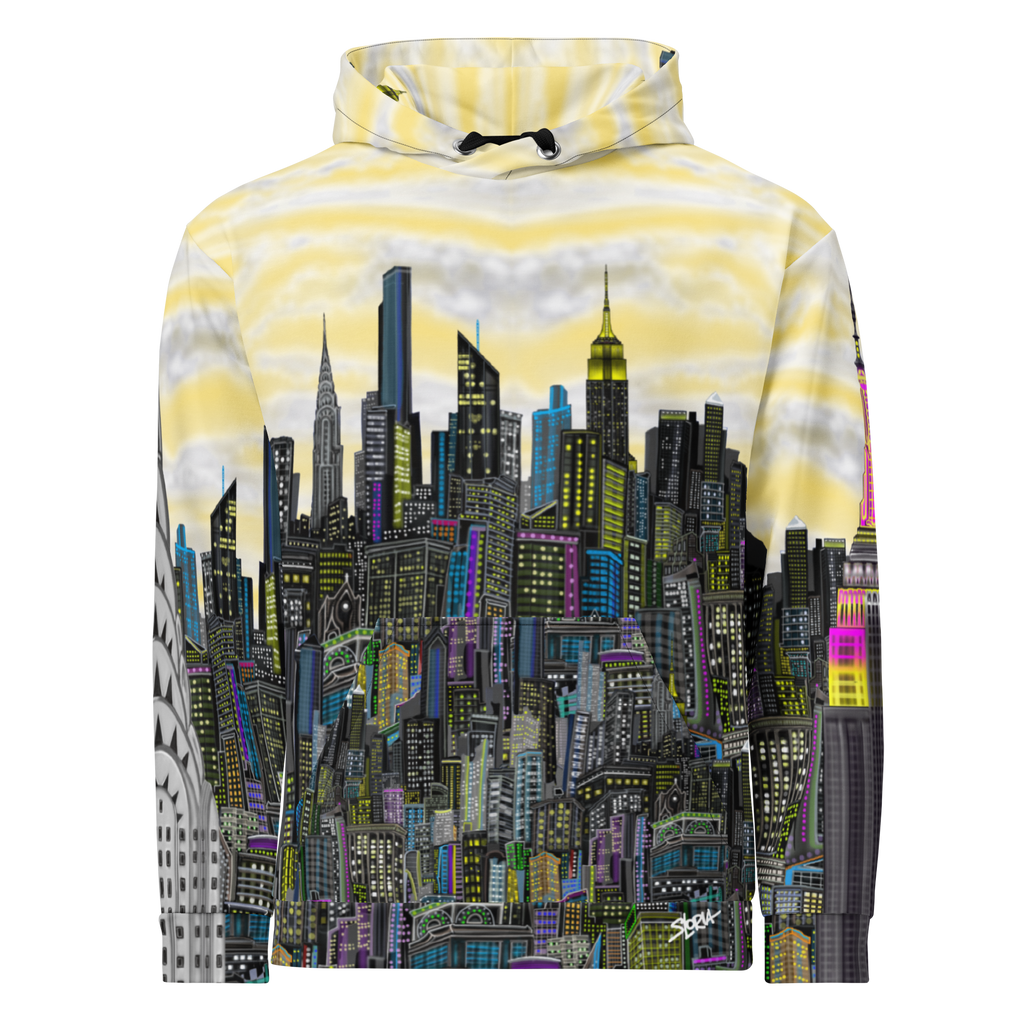 Yellow Hoodie with cityscape Loria NYC Art design on a white background