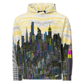 Yellow Hoodie with cityscape Loria NYC Art design on a white background