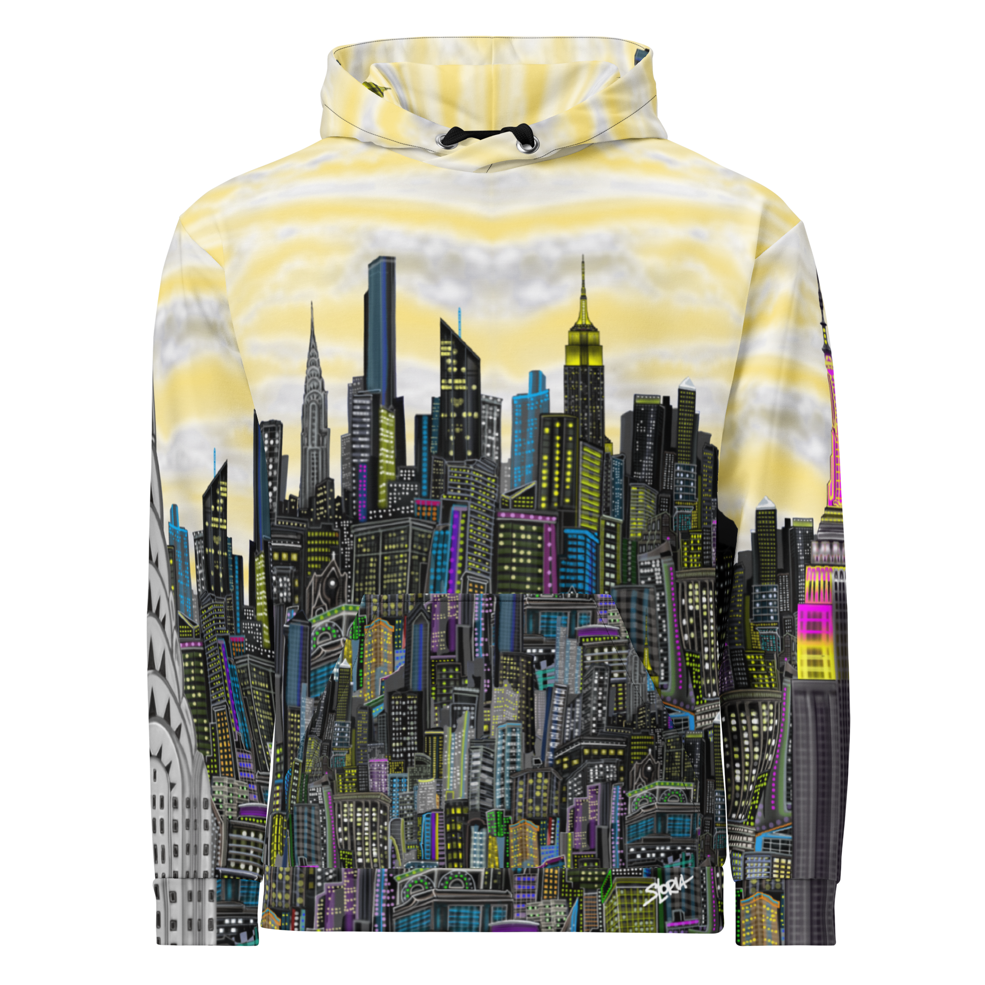 Yellow Hoodie with cityscape Loria NYC Art design on a white background