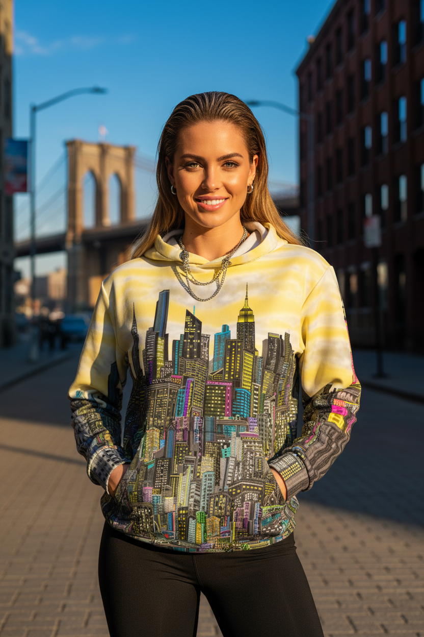Woman wearing a hoodie with a cityscape Loria NYC Art design in an urban setting with a bridge in the background.