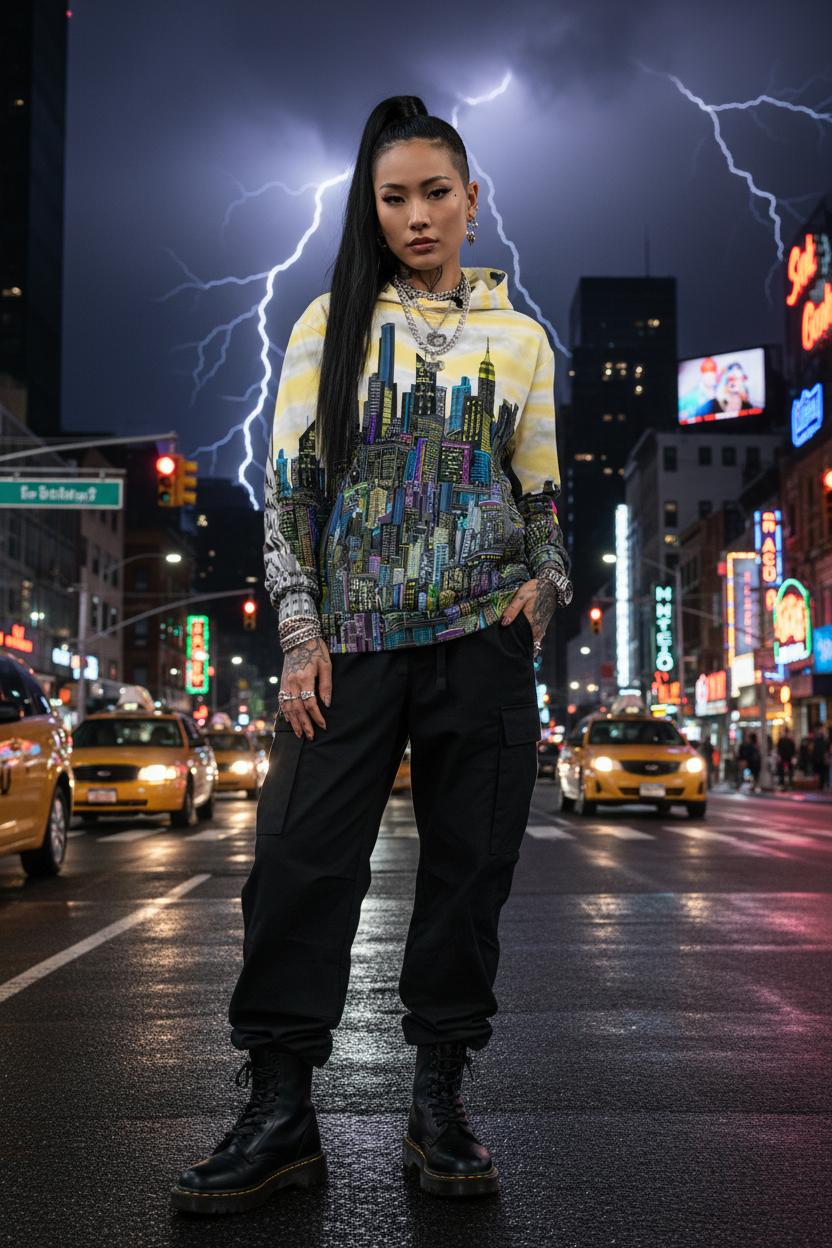 Person wearing a colorful Loria NYC Art hoodie with a cityscape design on a neon-lit street at night.