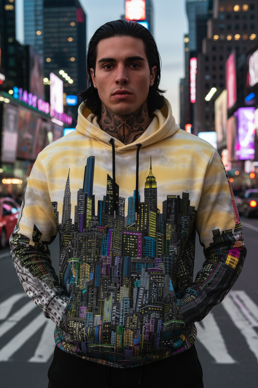Person wearing a hoodie with a cityscape Loria NYC Art design on a city street at night.