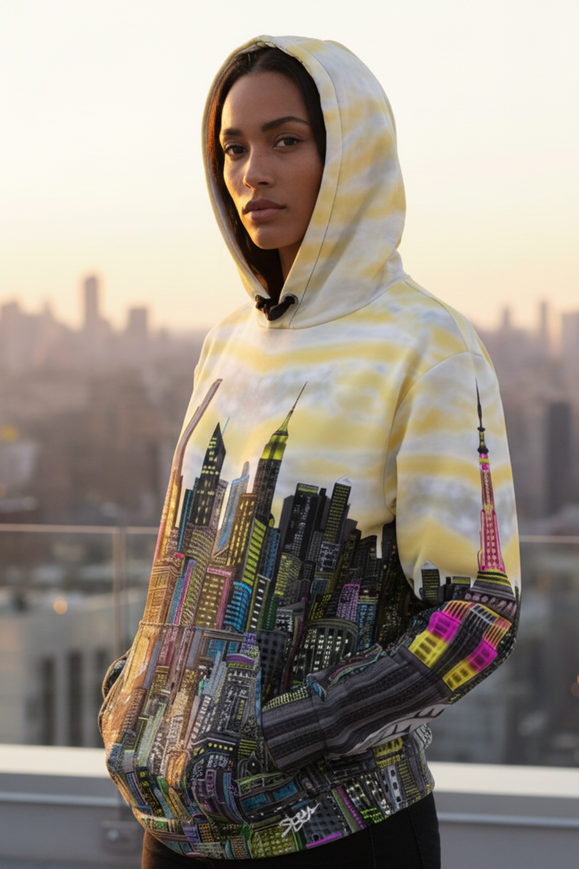 Person wearing a colorful Loria NYC Art hoodie with a cityscape in the background