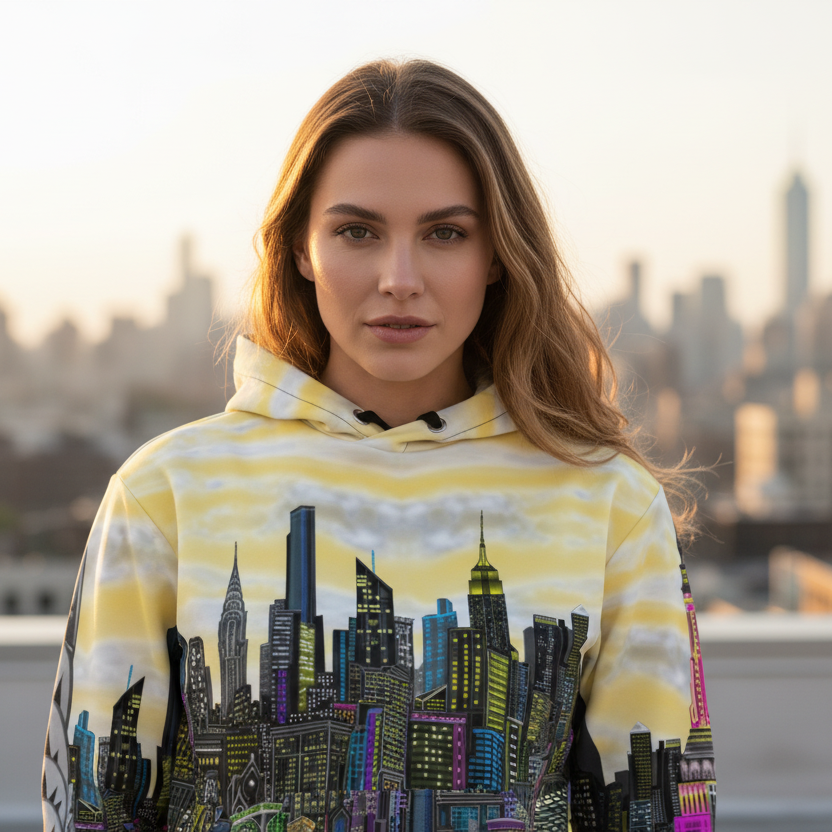 Woman wearing a hoodie with a Loria NYC Art cityscape design against an urban skyline.
