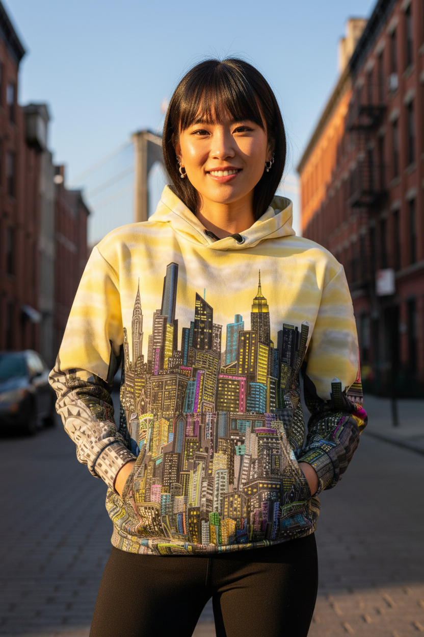 Woman wearing a hoodie with a cityscape Loria NYC Art design on a street.