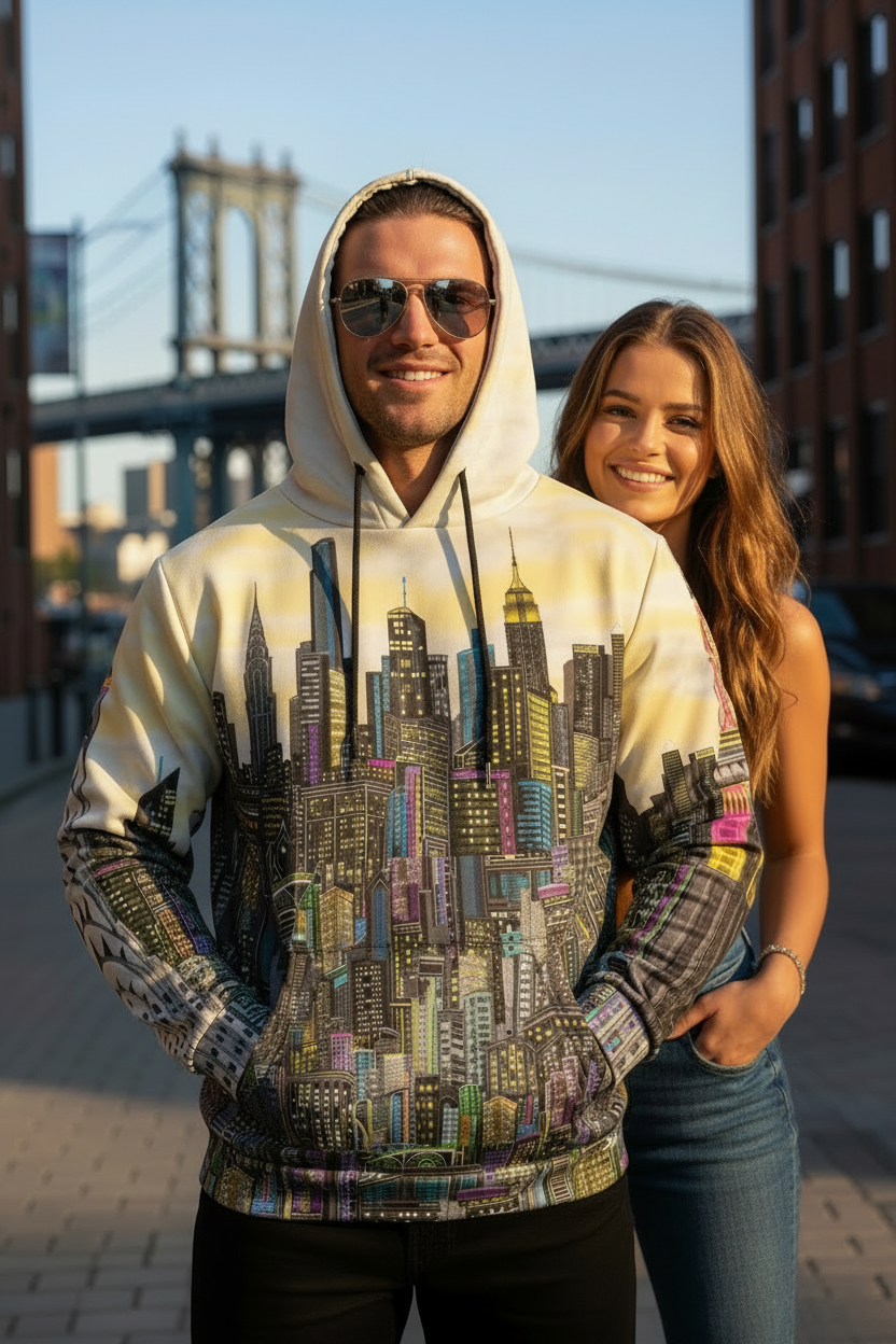 Man wearing a hoodie with cityscape Loria NYC Art design standing next to a woman outdoors with a bridge in the background.
