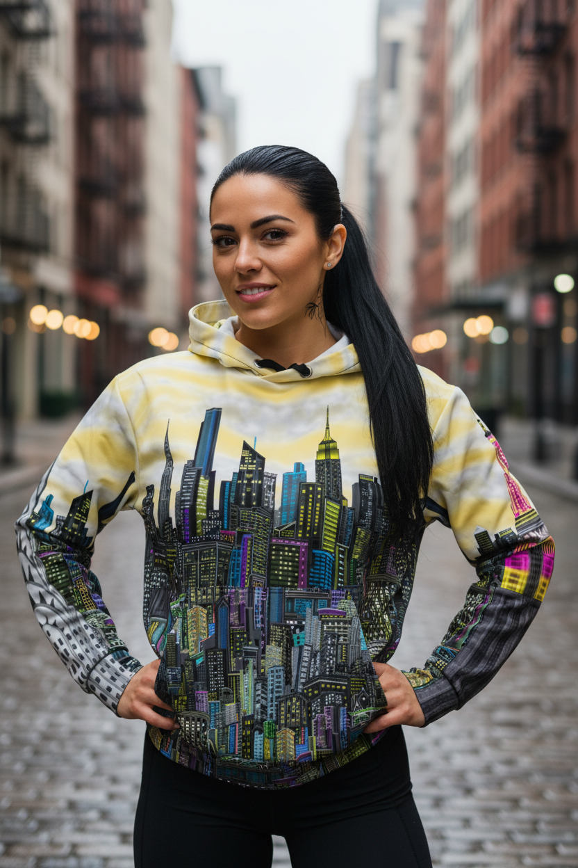 Woman wearing a colorful hoodie with cityscape Loria NYC Art design on a city street.