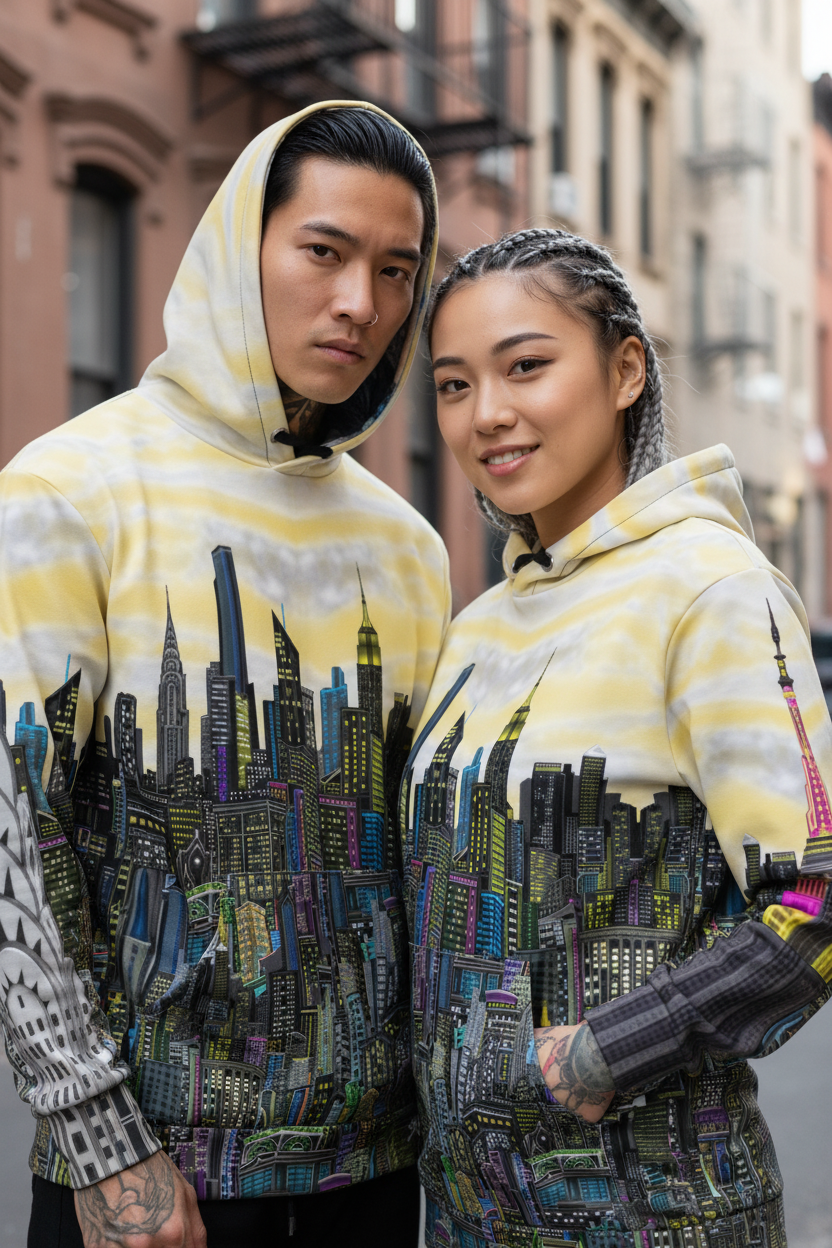 Two people wearing matching Loria NYC Art hoodies with a cityscape design on a street.