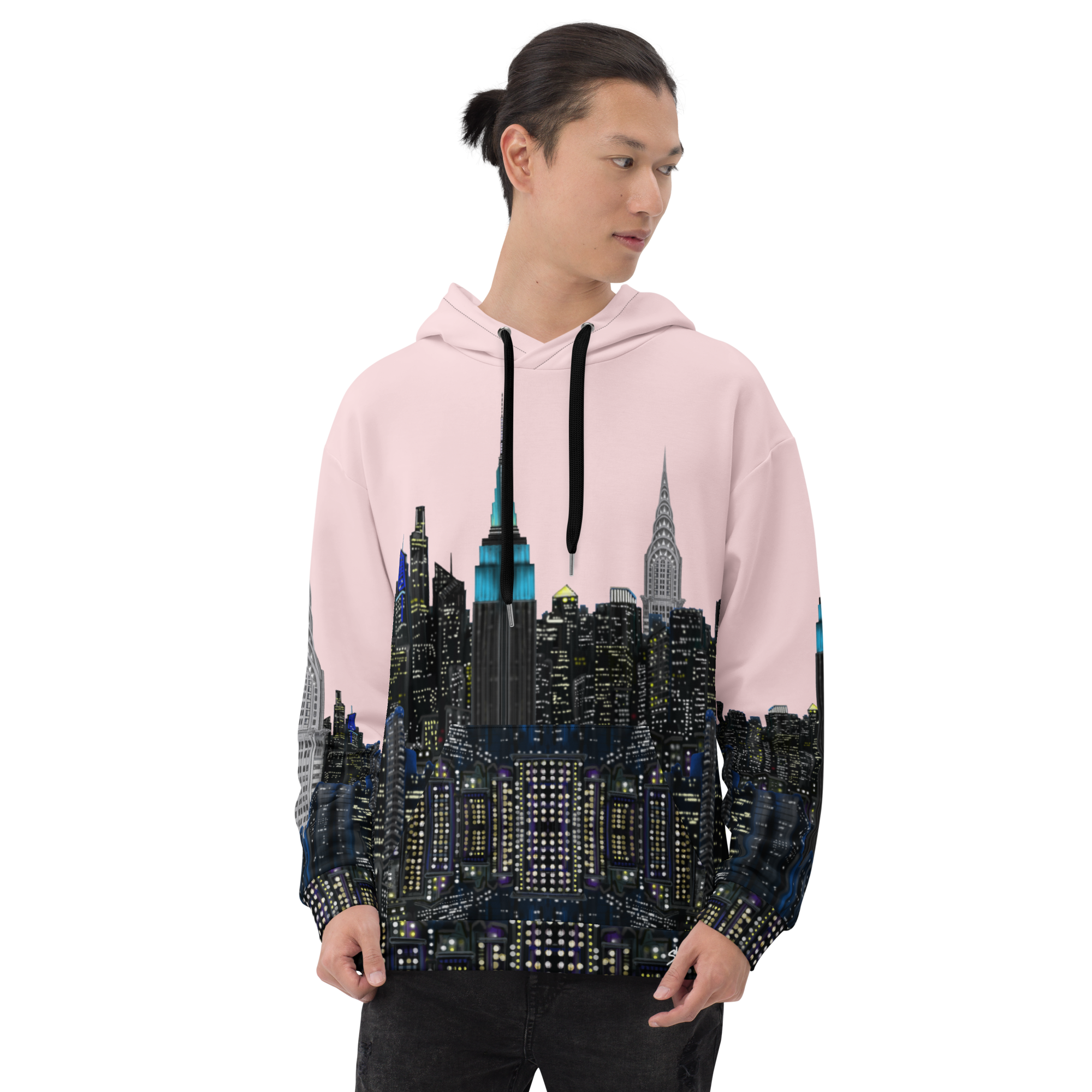 Person wearing a hoodie with a Loria NYC Art cityscape design on a white background
