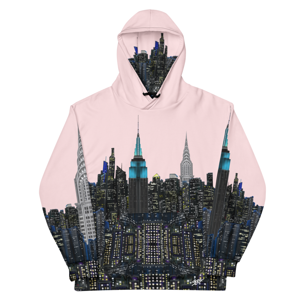 Pink hoodie with a cityscape Loria NYC Art design on a white background