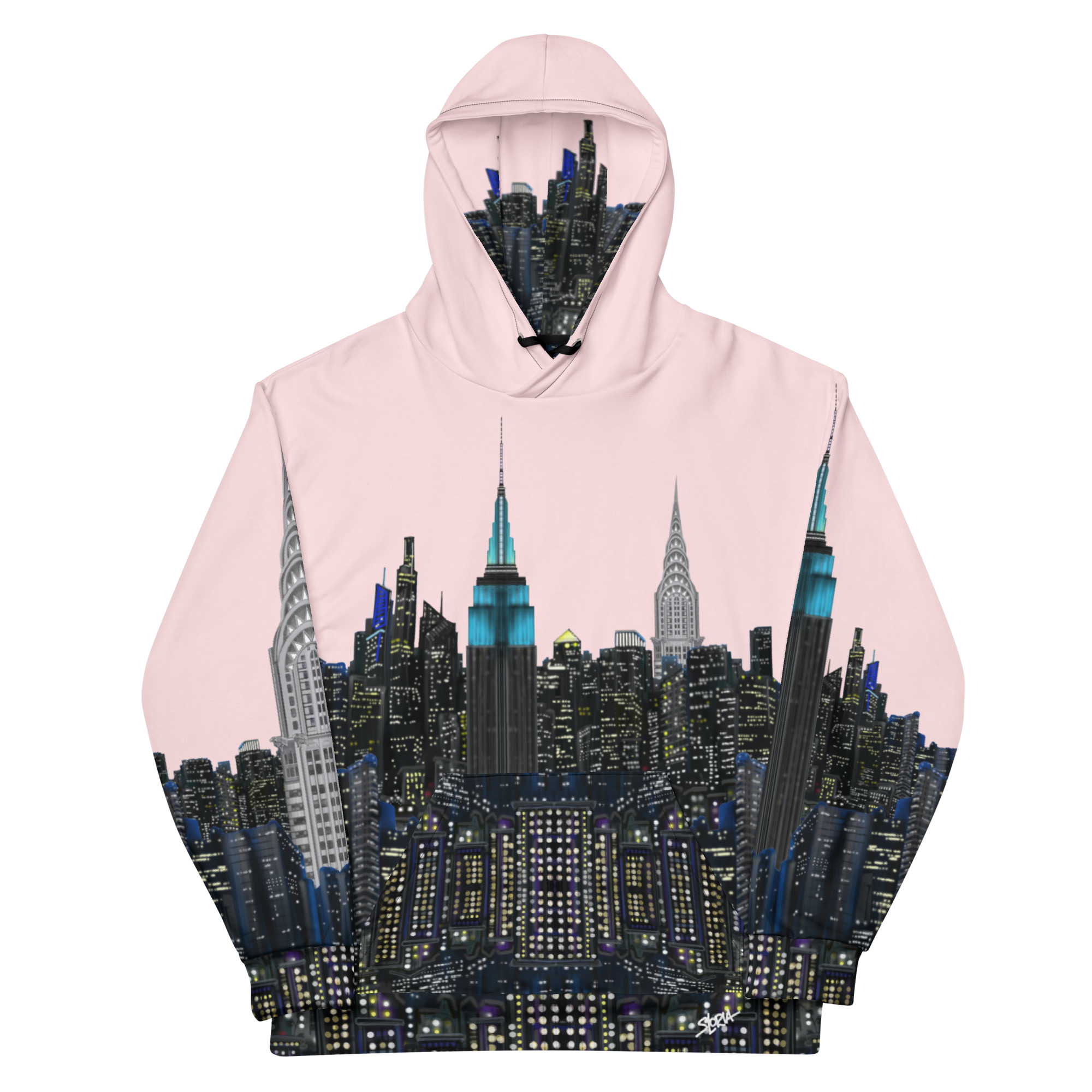 Pink hoodie with a cityscape Loria NYC Art design on a white background