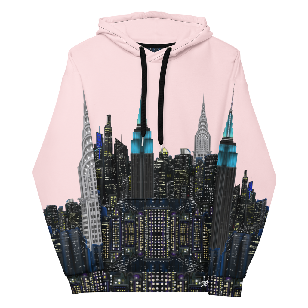 Front of Pink hoodie with a cityscape Loria NYC Artdesign on a white background