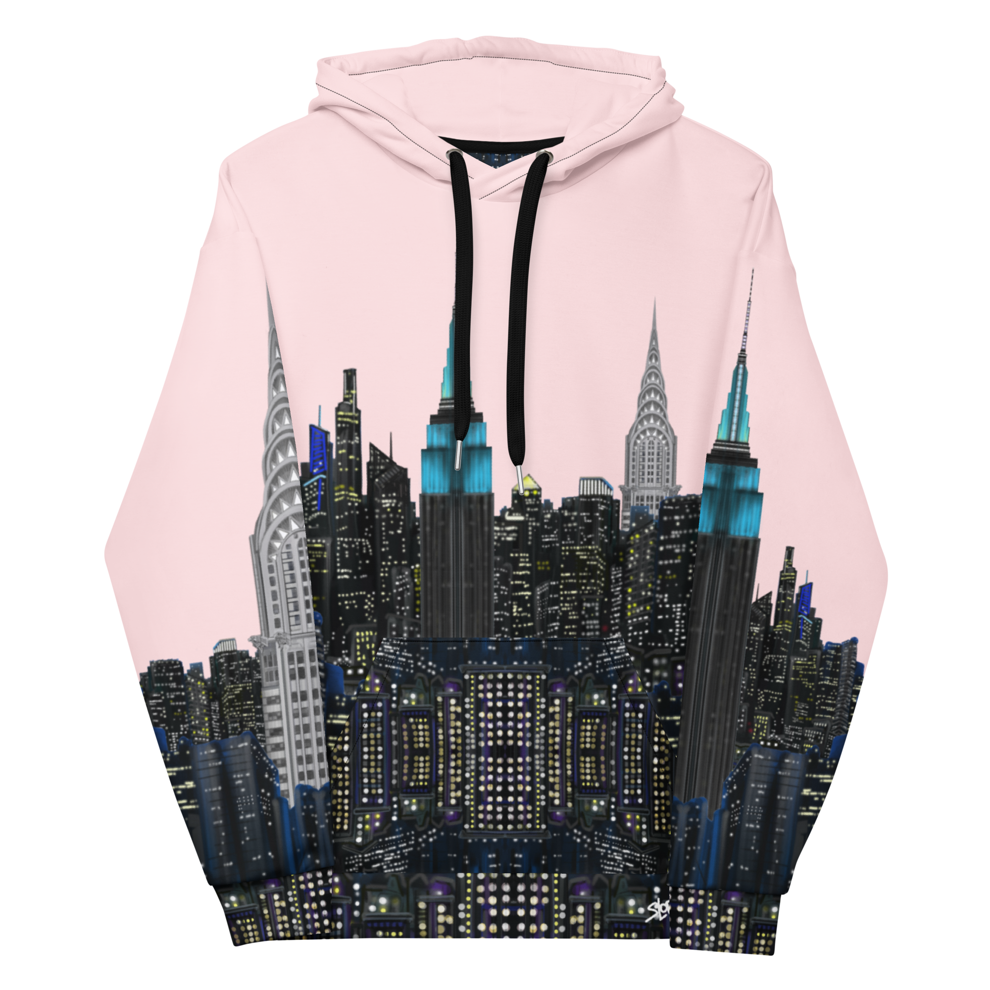 Front of Pink hoodie with a cityscape Loria NYC Artdesign on a white background
