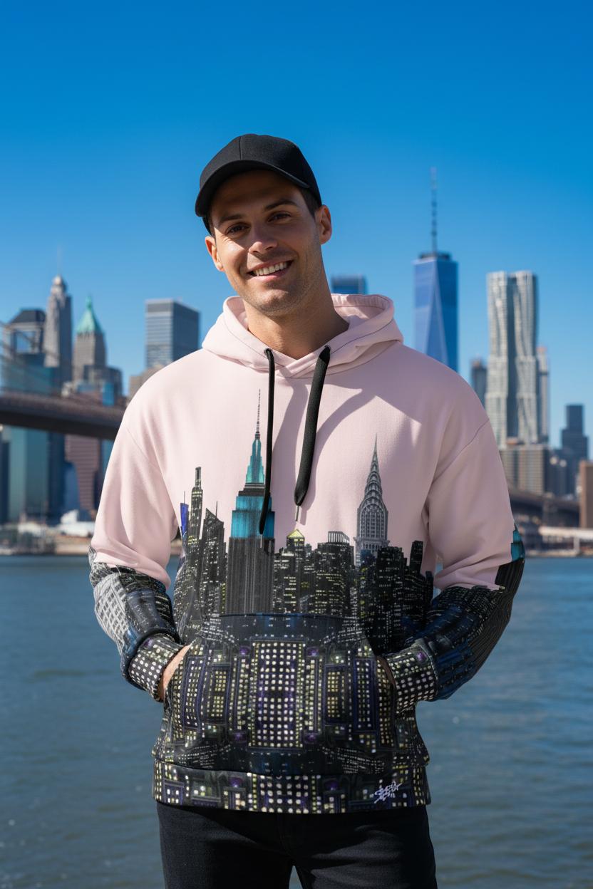 Man wearing a pink hoodie with a cityscape Loria NYC Art design on a white background