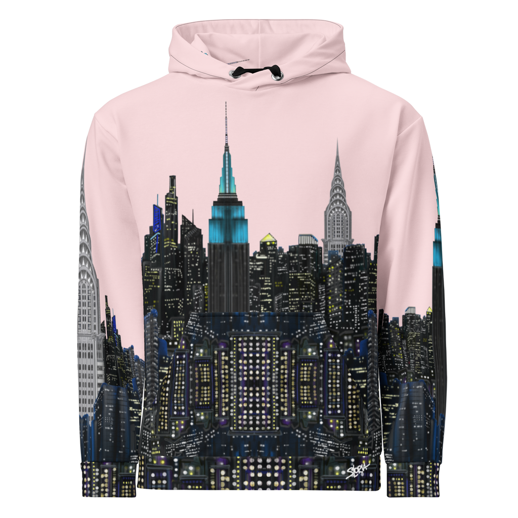 Hoodie with a cityscape Loria NYC Art design on a light pink background