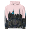 Hoodie with a cityscape Loria NYC Art design on a light pink background