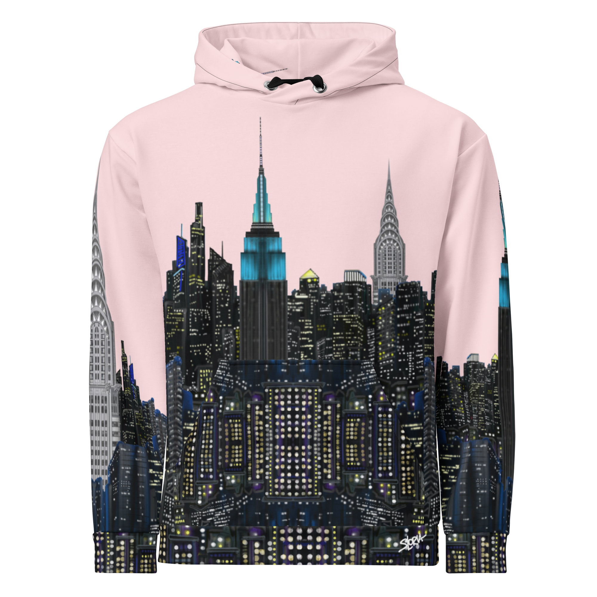 Hoodie with a cityscape Loria NYC Art design on a light pink background