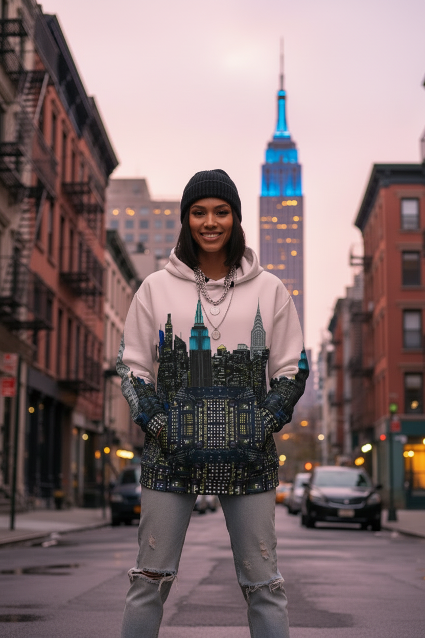 Person wearing a Loria NYC Art hoodie with a cityscape design in an urban setting with tall buildings.