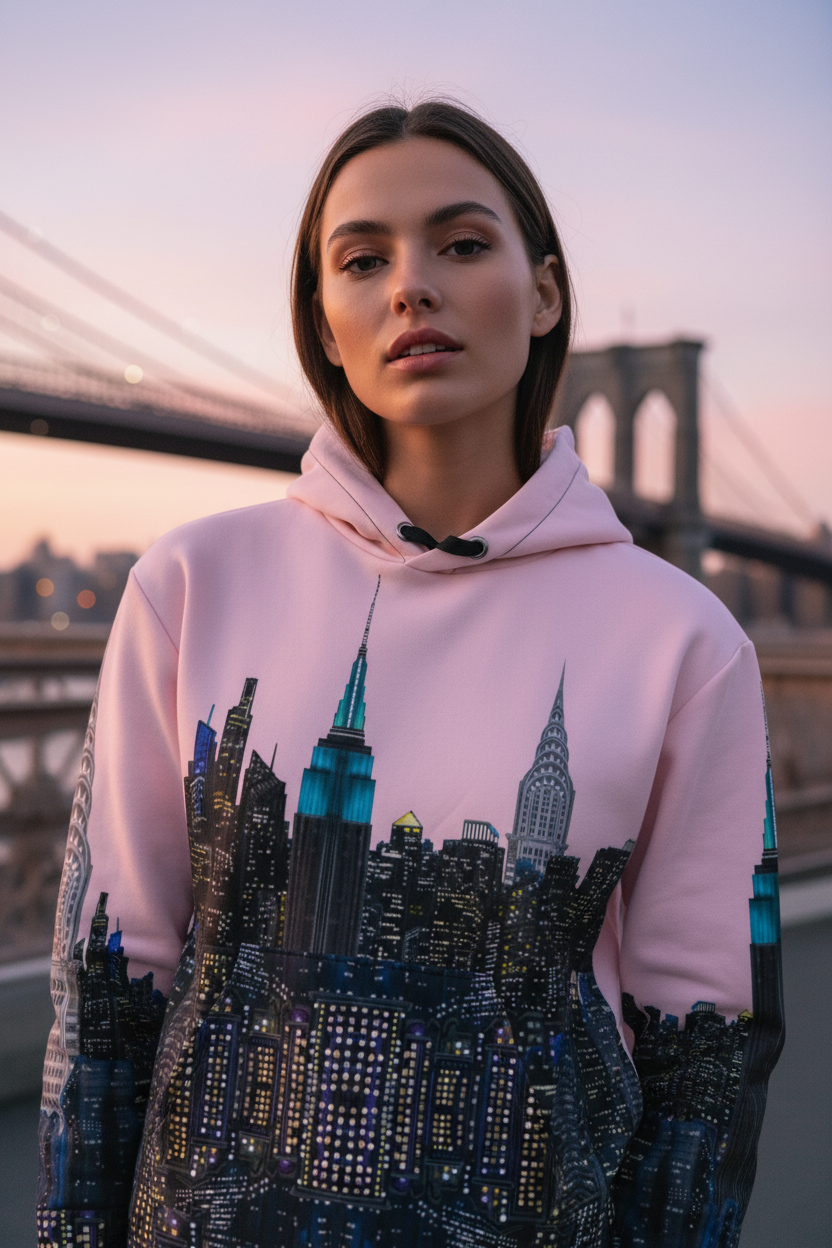 Person wearing a pink hoodie with a cityscape Loria NYC Art design, standing in front of a bridge.