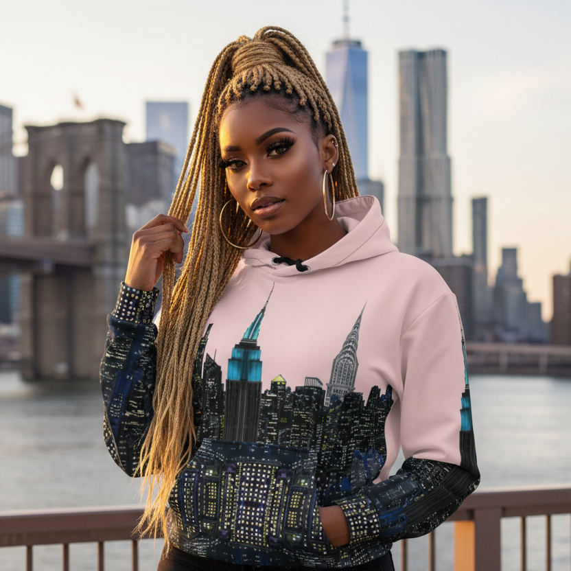 Woman wearing a hoodie with cityscape Loria NYC Art design in front of a city skyline