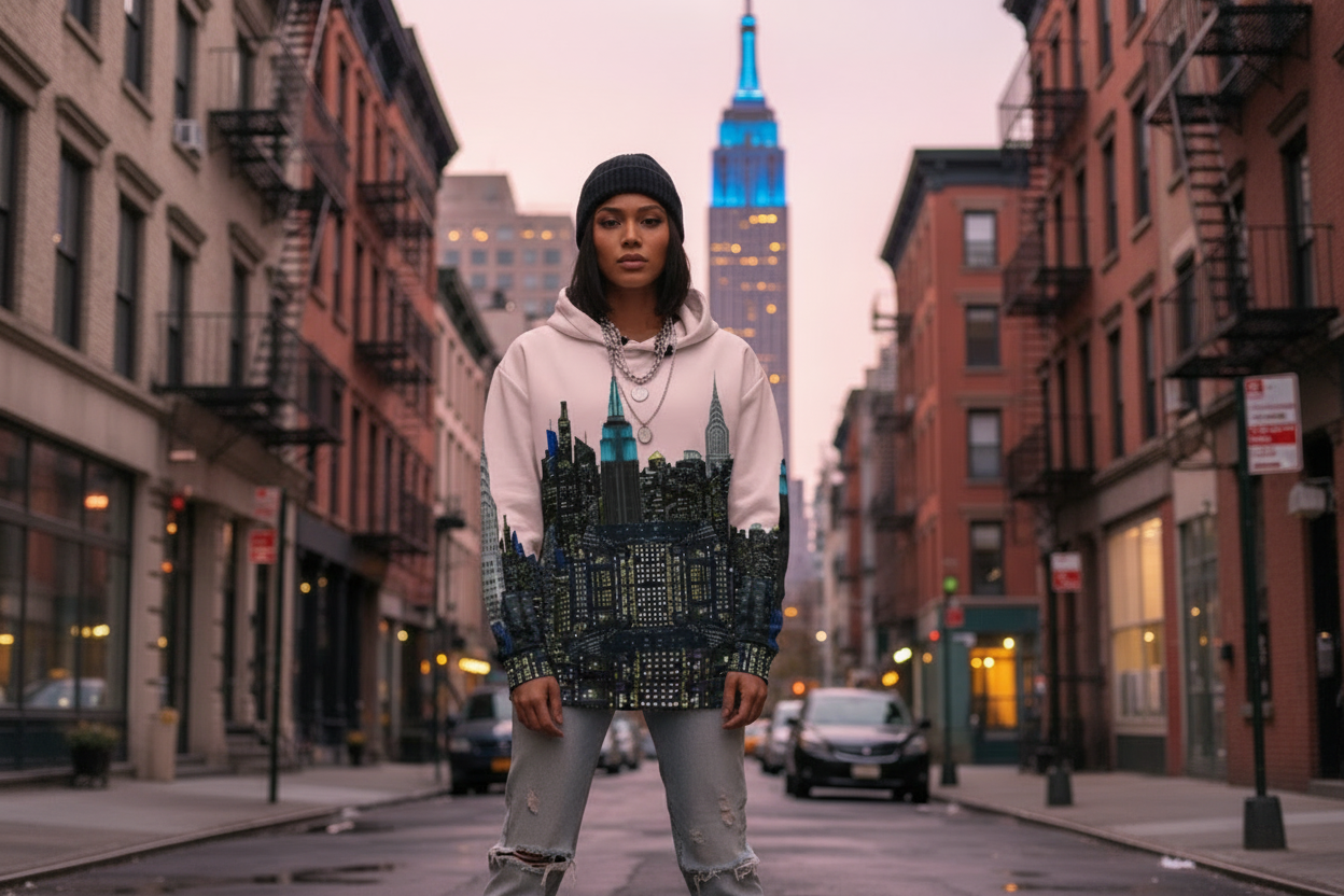 Person wearing a hoodie with a Loria NYC Art cityscape design in an urban setting with the Empire State Building.