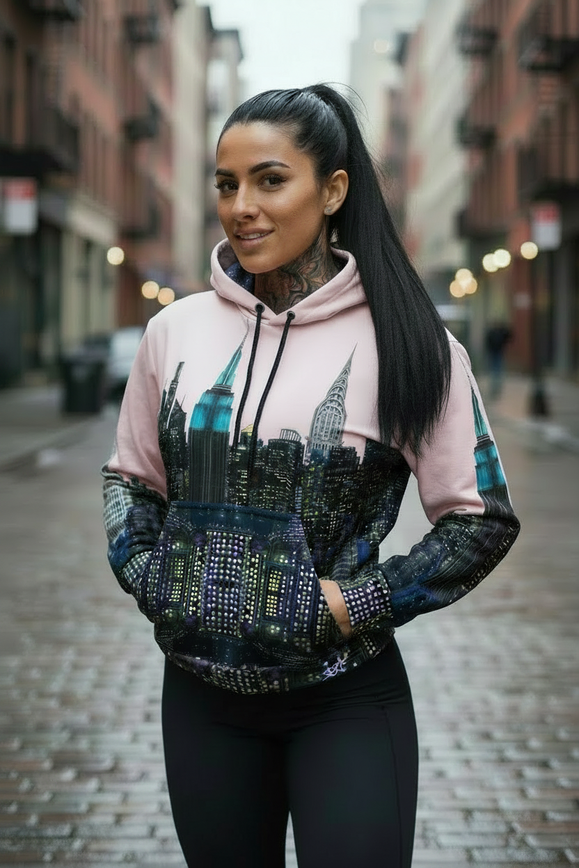 Woman wearing a pink hoodie with a cityscape Loria NYC Art design on a city street.