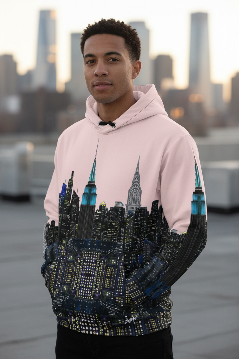 Person wearing a hoodie with a cityscape Loria NYC Art design in front of a city skyline.